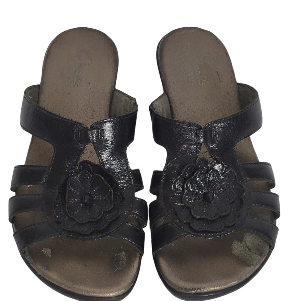 Clarks Women's Black‎ Leather Flower Wedge Sandals Size 6.5M